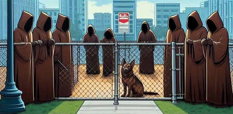 A dog surrounded by hooded figures standing around a chain link fence